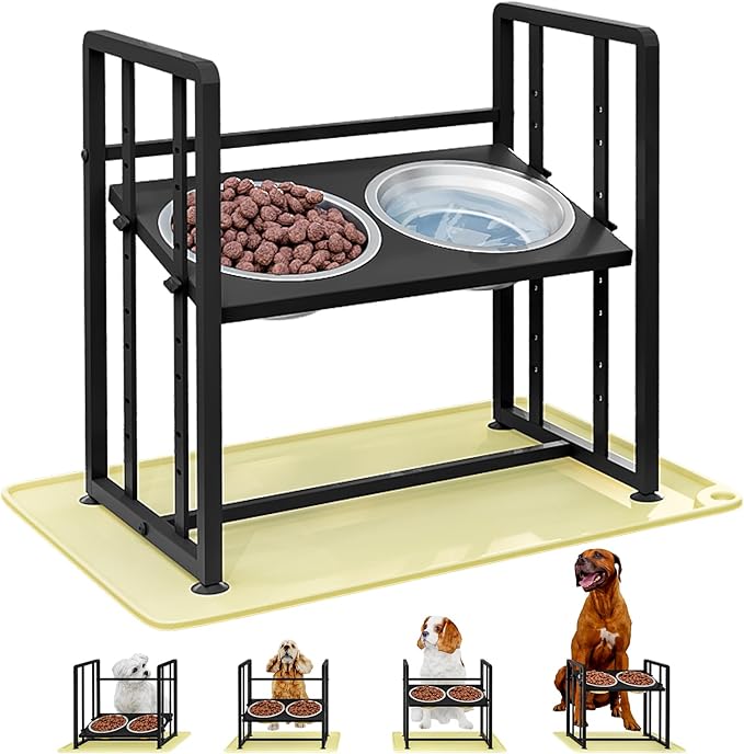 Elevated Dog Bowls 4 Height Adjustable Metal Pet Food Feeder Stand with 2 Stainless Steel Bowl Raised Dogs Feeding Station with Non-Slip Mats Black (Black, with Feeding Mat)