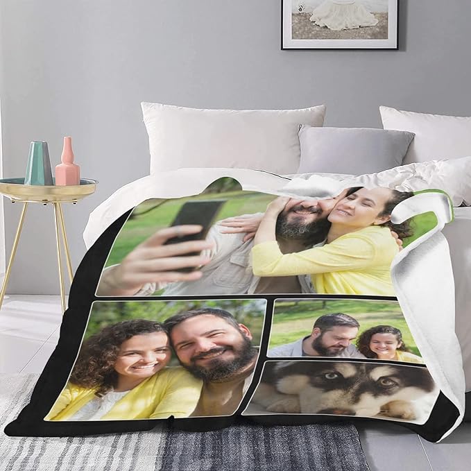 Custom Blanket with Photo, Customized Collage Blankets Personalized Gift for Lover/Kids/Friends/Family, Customizable Throws Picture Souvenir for Gathering/Birthday/Travel/Christmas/Wedding