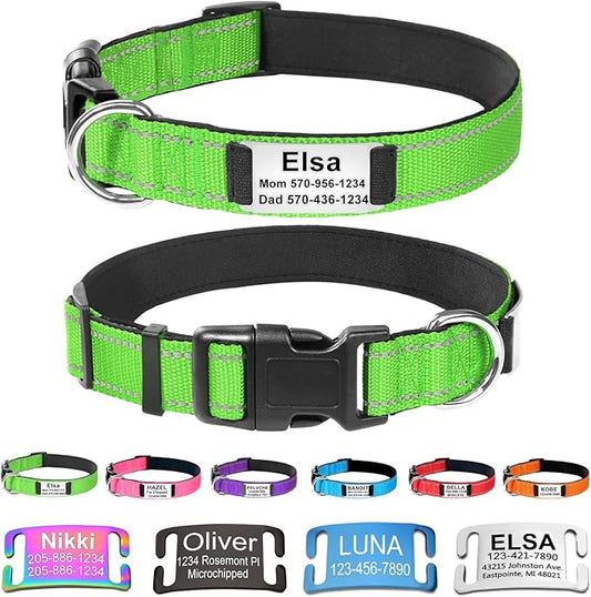 Custom Dog Collars with Name Plate, Engraved Name Plate ID Tags with Reflective Nylon Dog Collar,Soft Neoprene Padded Adjustable Pet Collar for Small Medium Large Dogs,L Green