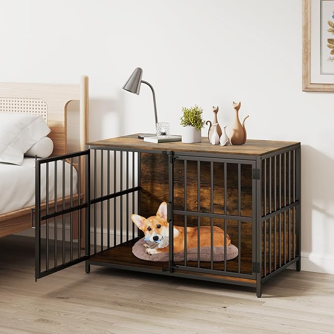 PETSITE 40 Inch Modern Dog Crate Furniture, Heavy Duty Wooden Dog Kennel with Double Lockable Doors, Decorative Dog Cage End Side Table for Small and Medium Sized Dogs (Rustic Brown)