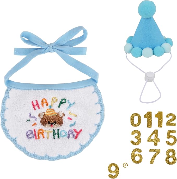 PTDECOR Cat Birthday Party Supplies, Blue Hat with Numbers Cat Bandana Pet Decorations for Kitten Birthday Outfits (Blue)