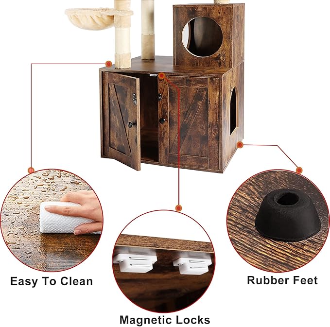 Cat Tree Tower with Litter Box Enclosure, 2-in-1 Wooden Cat Condo with Sisal Scratching Post, Hammock, Brown
