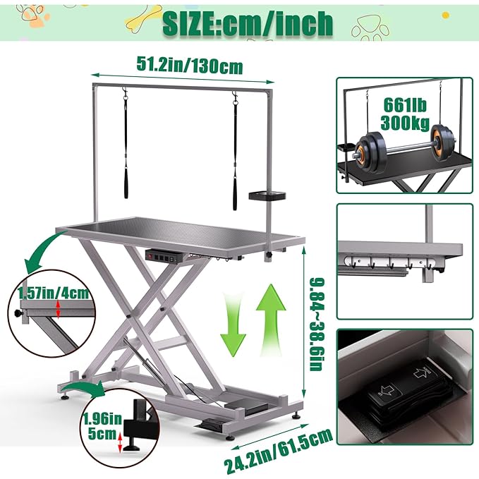 52in Electric Dog Grooming Table, Heavy Duty Adjustable Lift Grooming Table for Large Dogs, Capacity 660IB, with Tool Organizer, Foot Control, Anti Slip Tabletop (White, 51.2 * 24.2INCH)