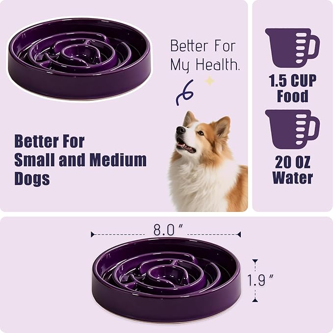 Ceramic Slow Feeder Dog Bowl,1.5 Cups Pet Slow Feeder for Small and Medium Breed,Puzzle Dog Food Dish,Anti-Gulping,Stop Bloat,Preventing Choking(Purple)