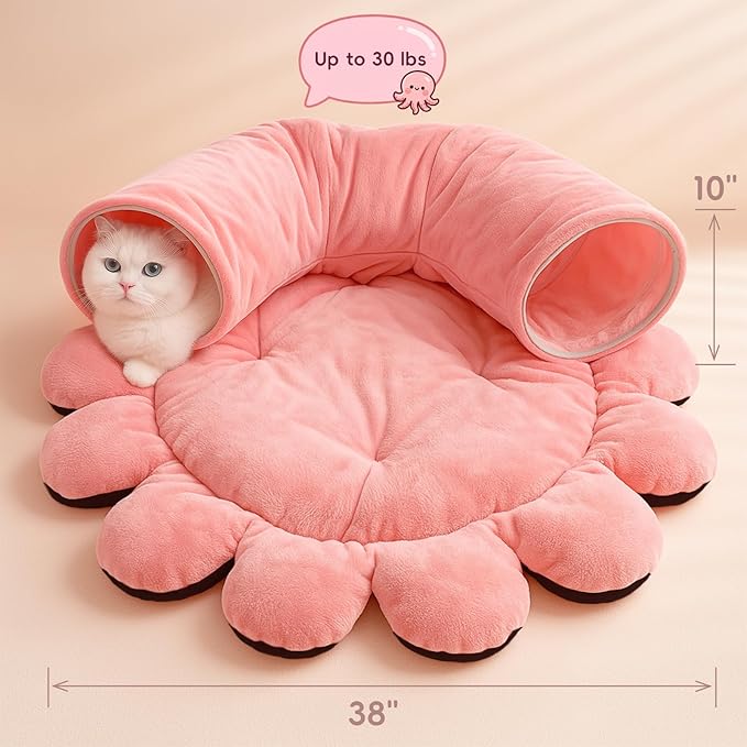 Cat Tunnel Bed for Indoor Cats, Peekaboo Cat Cave Bed,Soft Cat Donut Tunnel for Kitten Large Cats, Cute Pink Octopus Shaped