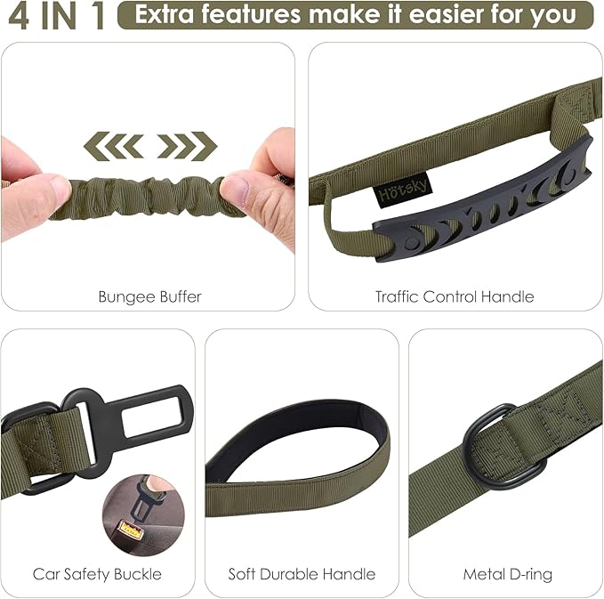 Hotsky Tactical Dog Leash Heavy Duty for Medium Large Dogs That Pull,4-6Ft Strong Bungee Shock Absorbing No Pull Dog Leash with Padded Double Handle and Car Seatbelt,ArmyGreen