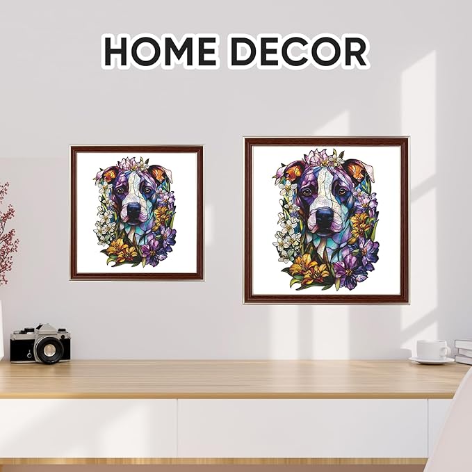 Bovearto Wooden Puzzles for Adults, Stained Glass Dog Wooden Jigsaw Puzzles, Unique Shaped Animal Flower Puzzle Gifts for Kids Challenge Thanksgiving Christmas Puzzle Family Games (12.7"*16.9'')