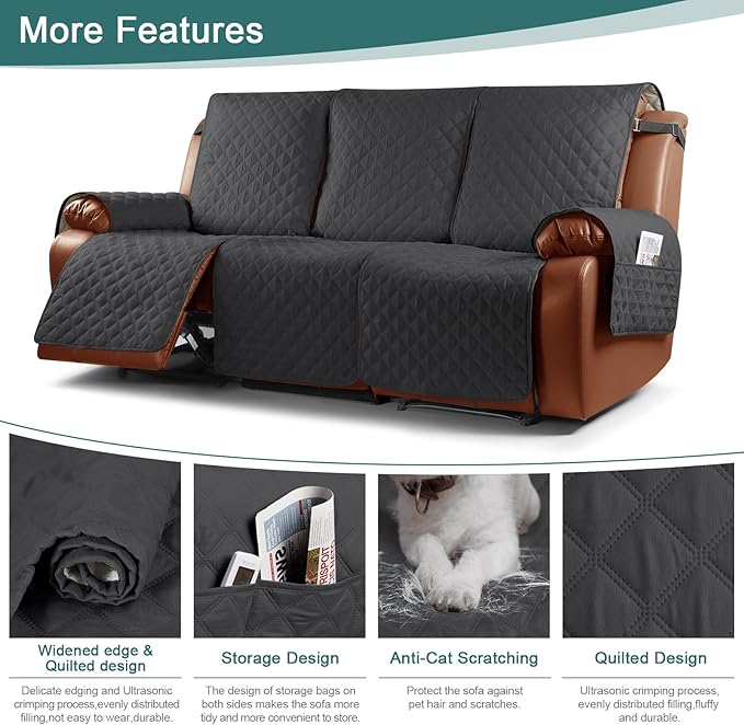 Ruaozz Waterproof Recliner Sofa Cover 1-Piece Couch Covers for Reclining Couches Reclining Sofa Cover Washable Furniture Protector with Elastic Straps Pocket for Kids, Pets (Charcoal Grey, 3 Seater)