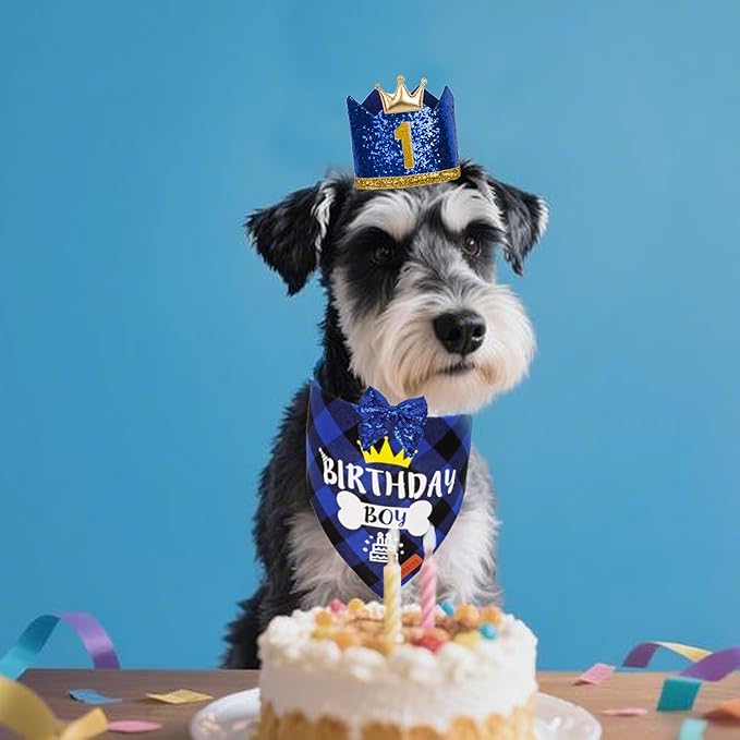 ADOGGYGO Dog Birthday Hat Bandana - Navy Blue Birthday Boy Dog Bandana Pet Party Hat with Numbers Bow and Happy Birthday Banner Set (Small)