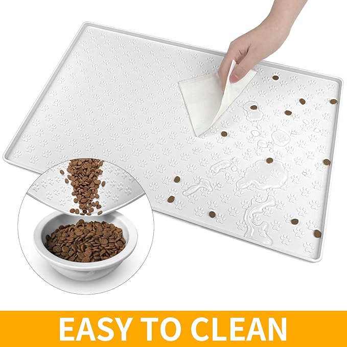 Ptlom Pet Placemat for Dog and Cat, Waterproof Silicone Pet Feeding Bowl Mats for Food and Water, Small Medium Large Dogs Mat Prevent Residues from Spilling to Floor, White, 24.5" 16.5"