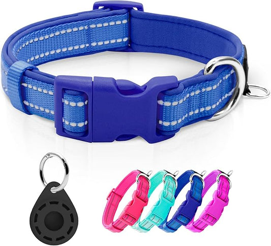 azuza Reflective Dog Collar with Airtag Holder, Soft Neoprene Padded Pet Collar with ID Tag Ring, Adjustable for Puppy and Small Dogs,Royal Blue,XS