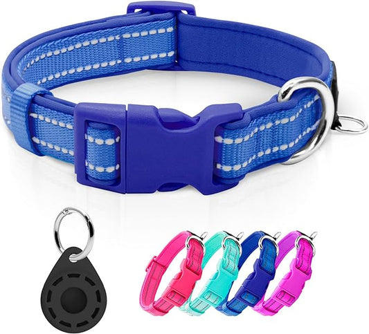 azuza Reflective Dog Collar with Airtag Holder, Soft Neoprene Padded Pet Collar with ID Tag Ring, Adjustable for Large Dogs,Royal Blue,L