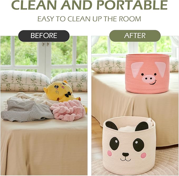 OMERAI Cotton Rope Storage Basket with Panda Design, 15"D x 12.6"H, Portable, Foldable, Multifunctional Laundry Basket