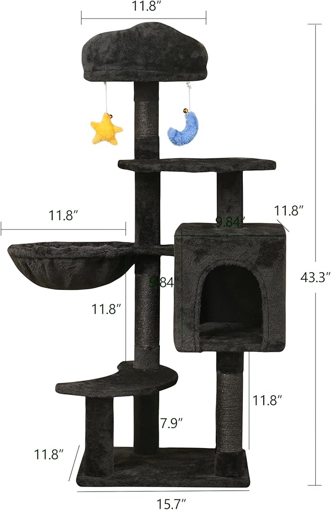Gothic Black Cat Tree for Indoor Kittens & Small Cats Under 6 Months 9lbs, 43-Inch Cute Cat Tower with Scratching Post, Cat Condos, Cozy Hammock, Unique Perch & Dangling Toy