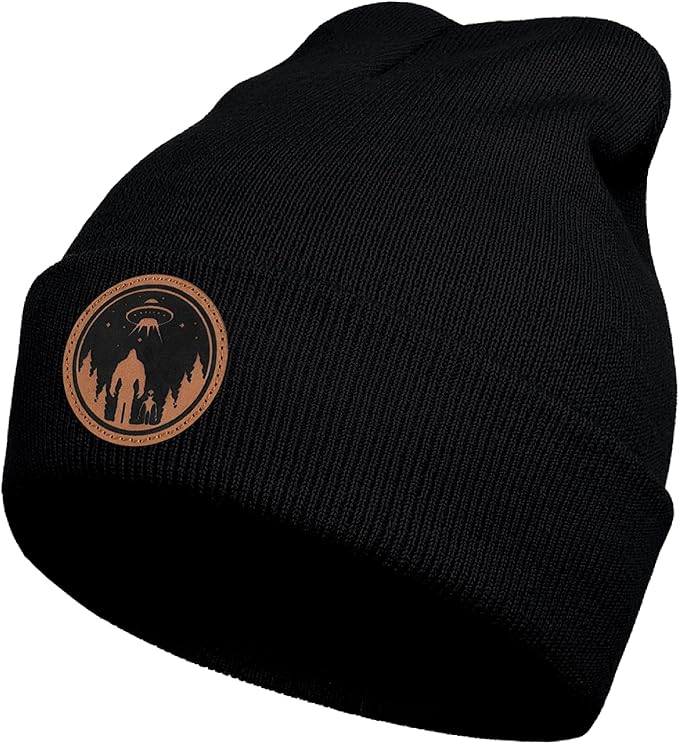 Big Foot Beanie Hat, Sasquatch Leather Patch Winter Knit Skull Cap Bigfoot Gifts for Adult Men Women