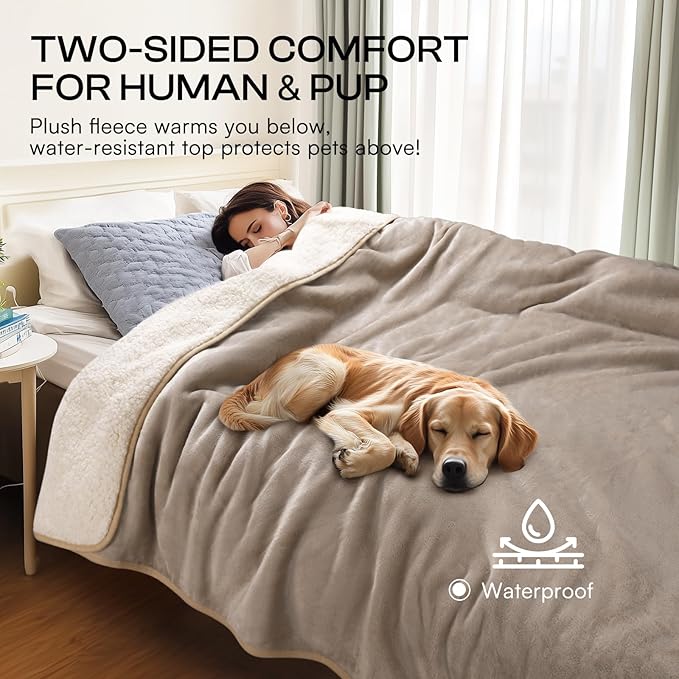 Luciphia Waterproof Pet Blanket, Liquid Pee Proof Dog Blanket for Sofa Bed Couch, Reversible Sherpa Fleece Furniture Protector Cover for Small Medium Large Dogs Cats, Khaki+Beige X-Large（85" x 57"）
