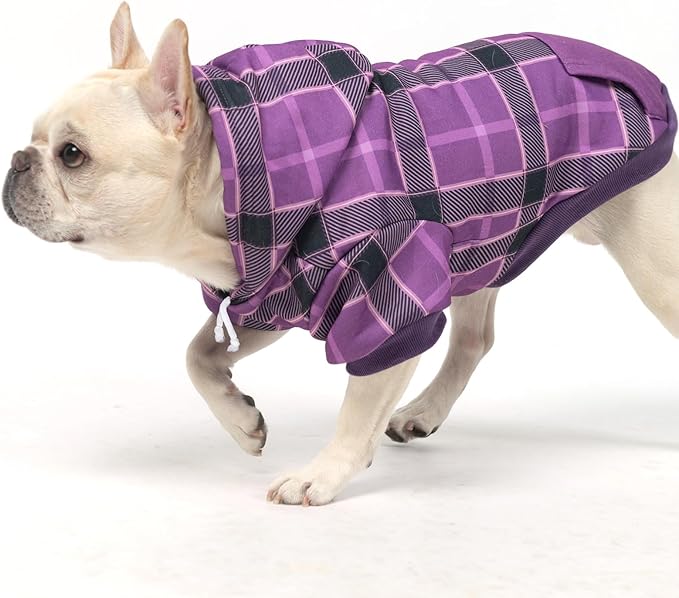 KOOLTAIL Plaid Dog Hoodie for Small Medium Large Dogs - Pet Clothes Sweater with Hat and Pocket for Cold Weather Winter, Warm Soft Dog Hooded Sweatshirt Coat Outfit for Puppy Cats Girls Boys Purple S