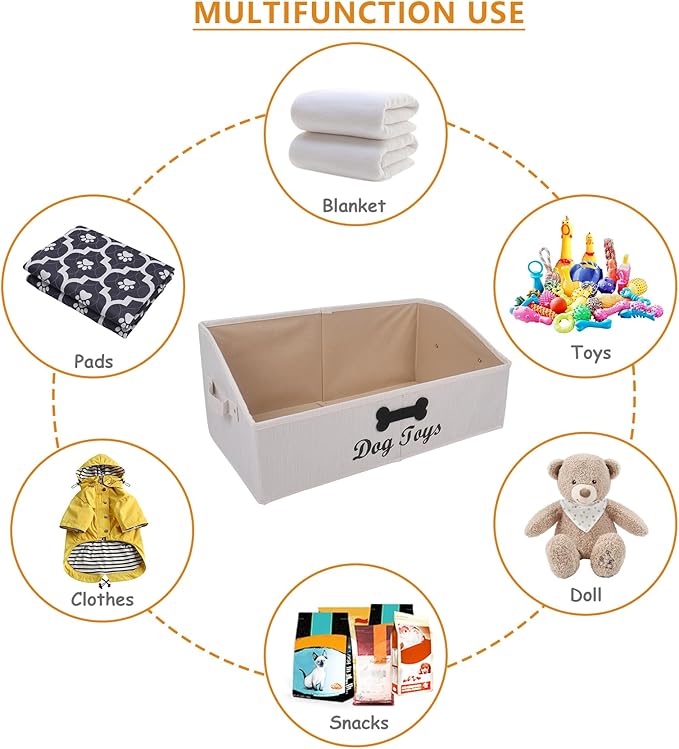 Collapsible Dog Toy Box - Fabric Storage for Toys/Blankets/Leashes - Personalizable - Slub Beige