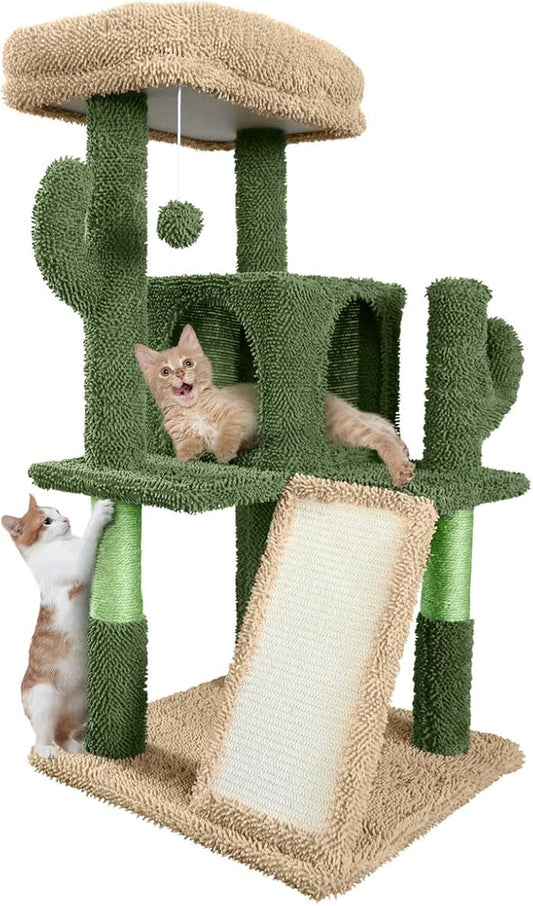 CAPHAUS Cactus Cat Tower for Indoor Cats, Cute 37-Inch Small Cactus Cat Tree w/Widened Perch for Large Cats & Kittens, Multi-Level Cat Activity Tree w/Scratching Posts & Ramp, 2-Door Cat Cave Condo