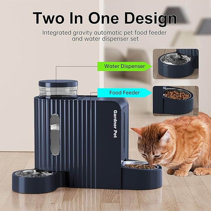 Gardner Pet Automatic Gravity Cat Food Feeder and Water Dispenser Stainless Steel Two-in-One Set Large Capacity Dispenser for Pets Dogs, Puppies, Kittens-(0.8 Gallons x 2)