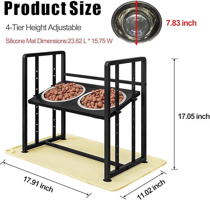 Elevated Dog Bowls 4 Height Adjustable Metal Pet Food Feeder Stand with 2 Stainless Steel Bowl Raised Dogs Feeding Station with Non-Slip Mats Black (Black, with Feeding Mat)