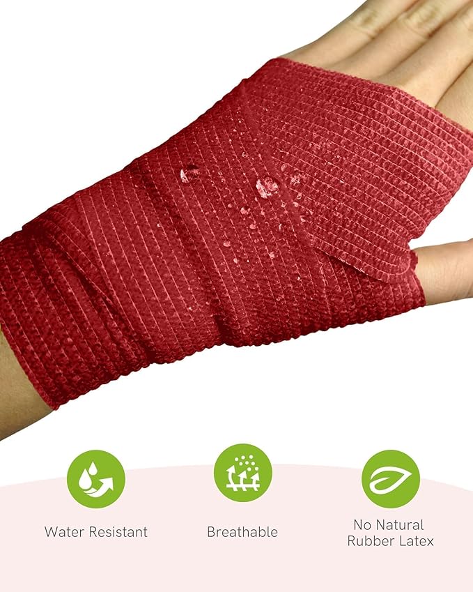FriCARE Self Adhesive Bandage Wrap, Medical Tape in First Aid Kit, Cohesive Bandages for Wounds Sport Vet, FSA/HSA Eligible, 2 Inches X 5 Yards 6 Rolls, Burgundy