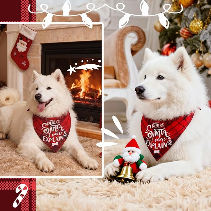 Christmas Dog Bandanas Funny Holiday Stocking Stuffers Pet Scarf Naughty & Nice Gifts Idea, Dear Santa I Can Explain, Red Plaid, Medium & Large Breed, 25-75lbs