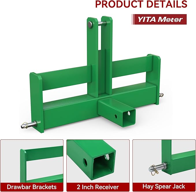 YITAMOTOR 3 Point Quick Hitch with 2" Receiver for Category 1, 3 Pt Tractor Trailer Hitch Drawbar Adapter Attachments with Suitcase Weight Brackets
