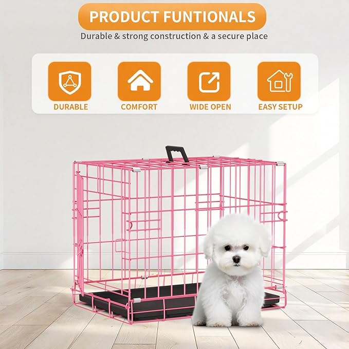PayLessHere 18 Inch Dog Crate Kennel for Small Dogs Metal Cage Single-Door Folding Travel Indoor Outdoor Puppy Playpen with Divider and Handle Plastic Tray,Pink