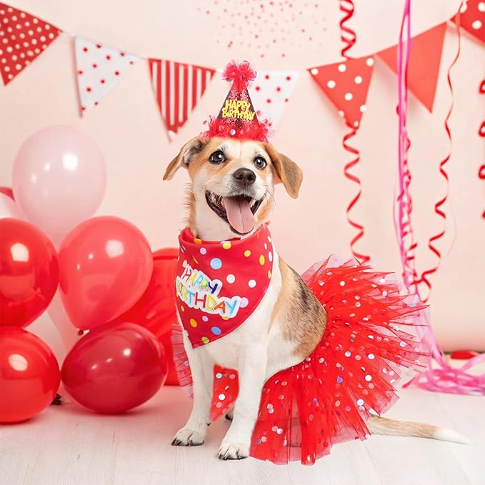 SCENEREAL Dog Birthday Bandana with Hat and Dress Girl Set, Puppy Birthday Party Supplies, Cute Tutu Skirt Red Outfit for Small Medium Large Dogs