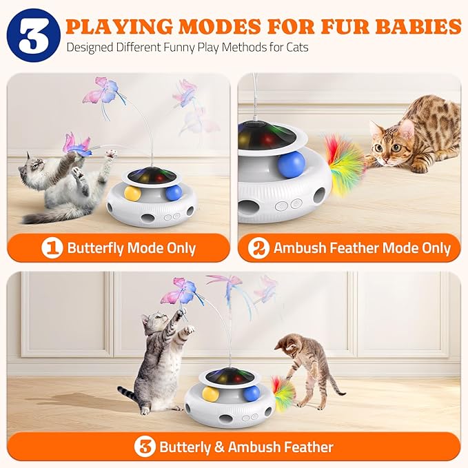 Pawtners Interactive Cat Toy, 4 in 1 Automatic Interactive Kitten Toys for Indoor Cats Rechargeable with Fluttering Butterfly, Track Balls and Ambush Feather