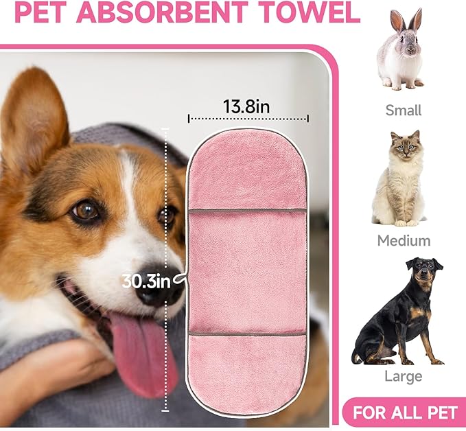 Dog Towels for Drying Dogs Small Medium Large, 2 Pack Dog Cat Drying Bath Towel 30.3"x13.8" with Hand Pocket,Absorbent Pet Towel for Dog Cat Pink