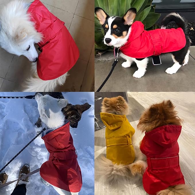 Dog Raincoat Dog Rain Jacket Poncho Waterproof Pet Rain Suit Puppy Small Medium Dogs Double Layer Warm Lining Hooded Leash Hole Adjustable,Red,M