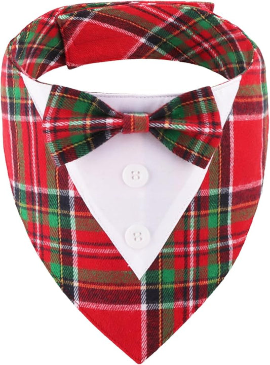 ADOGGYGO Christmas Dog Tuxedo Bandana, Red Green Plaid Pet Xmas Collar with Bow, Adjustable Christmas Costume for Medium Dogs (M)