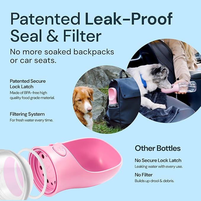 MalsiPree Dog Water Bowl Dispenser - 12 oz, Pink - One-Hand Operation & Dog Water Bottle Portable - Leak-Proof Lock & Travel Pet Bowl - BPA-Free Material & Pet Supplies