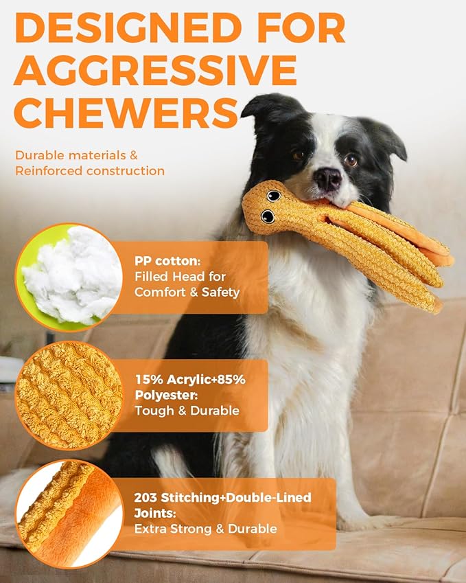 Crinkle Squeaky Dog Toys for Large Dogs, Durable Plush Chew Toys for Aggressive Chewers, Interactive Tug of War Toy, Teething Gift to Keep Them Busy and Relieve Boredom (Yellow Octopus)