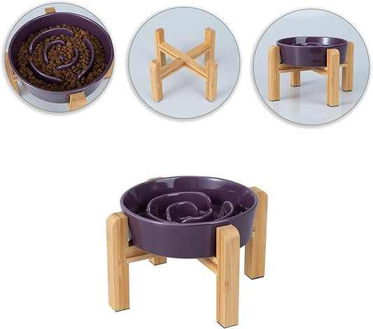 Elevated Slow Feeder Dog Bowl - Ceramic Maze Food Dish with Bamboo Stand - Raised Feeding Bowl for Fast Eaters - Ideal for Small and Medium Dogs - Purple - 6.7 inch