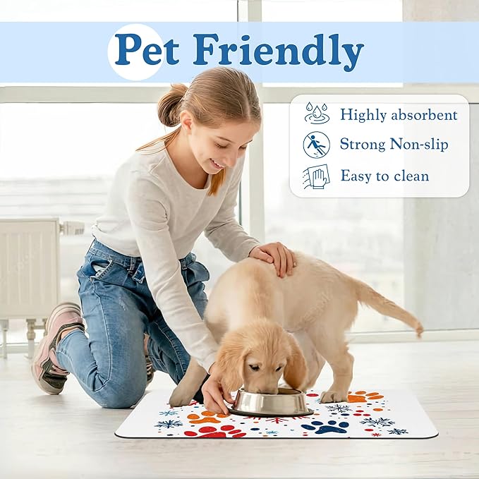 Chirstmas Snowflake Paw Pet Food Mat for Cats and Dogs–Absorbent Quick Dry Feeding Placemat, Non Slip Rubber Base, Waterproof Bowl Mat for Indoor Use, Pet Supplies 12"x20"