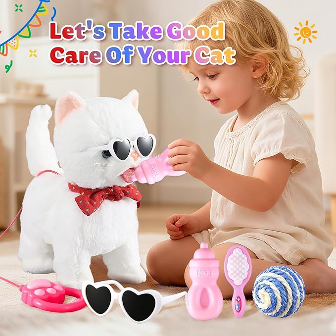 White Leash Walking Cat Set Interactive Talking Cat Singing Dancing Kitten Mimicking Repeat What You Say Kitty Touch and Voice Control Nodding Wagging Tail Plush Electric Kitty for Kid Gril