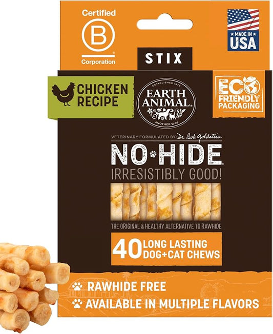 Earth Animal No Hide Stix - Long Lasting Rawhide Free Small Dog Chews Sticks, Chicken - 40 Count Extra Value Pack