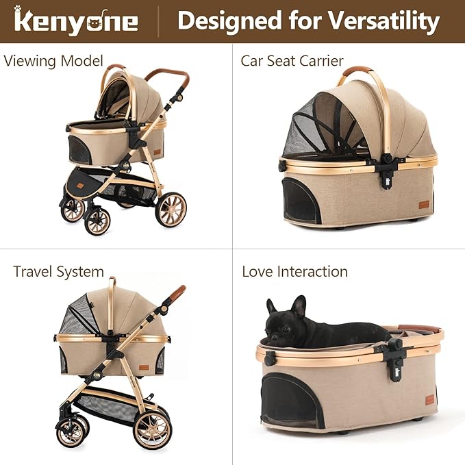 Kenyone Pet Stroller 3 in 1 for Medium Small Size Dogs Luxury Large Cat Stroller Detachable Carrier for Puppy, Kitty, Doggie (C510L Khaki)