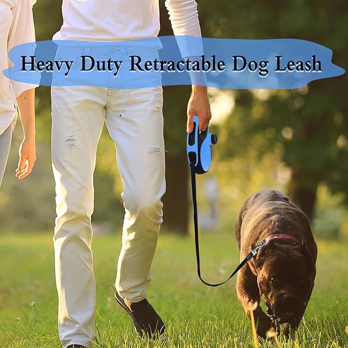 Retractable Dog Leash 26ft,Chew-Proof Heavy-Duty Pet Leash for Medium/Large Breed up to 110 lbs, 360° Tangle-Free Long Retract Dog Lead,with Poop Bag Dispenser, One-Hand Brake (Blue)