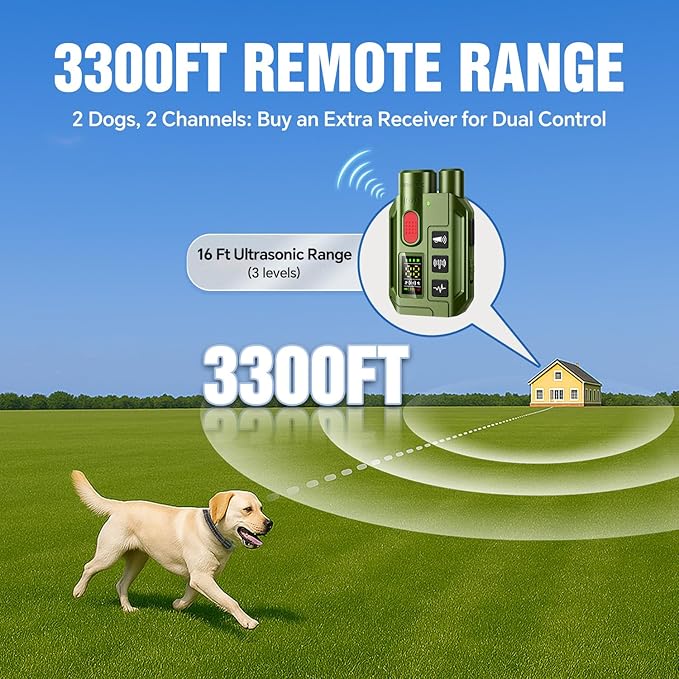 2 in 1 Dog Shock Collar & Ultrasonic Bark Deterrent Device – 3300FT Remote Training E Collar with Beep, Vibration & Safe Shock, IP67 Waterproof & Rechargeable for Small Medium Large Dogs