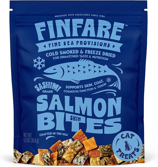 Finfare Freeze Dried Salmon Skin Bites, Grain Free Crunchy Salmon Cat Treats, High Protein & Omega-3s for Skin & Coat Health, Crafted in USA, 1.3oz