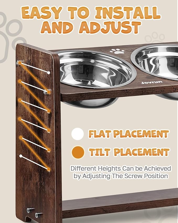 Elevated Dog Bowls, Adjustable Raised Dog Bowl Stand for Medium Size Dogs and Cats, Durable Bamboo Dogs Feeder with 2 Stainless Steel Bowls and Non-Slip Feet, Pet Food Bowl for Medium Sizes