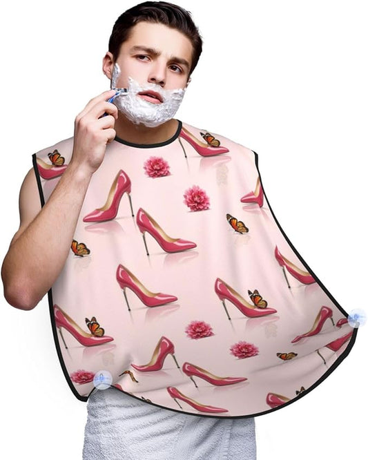 Beard Hair Catcher Bib, Waterproof Non-Stick Grooming Apron for Shaving Trimming, Perfect for Men Dad, Elegant Pink High Heel Shoes Butterfly Shave Bib