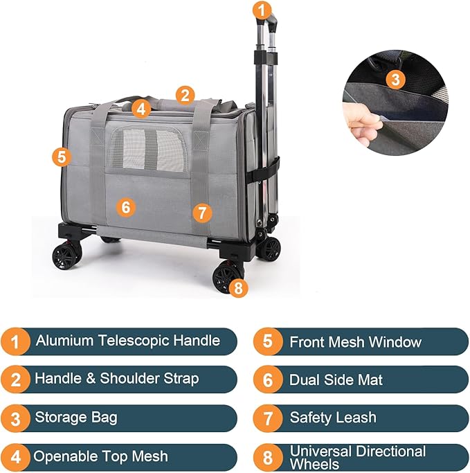 Pet Carrier with Wheels - Soft-side Wheeled Cat Carrier for Dogs with Telescopic Handle, Collapsible Rolling Pet Travel Bag Carrier for Large Cats Small Medium Dogs for Camping Vet Visiting Light Grey