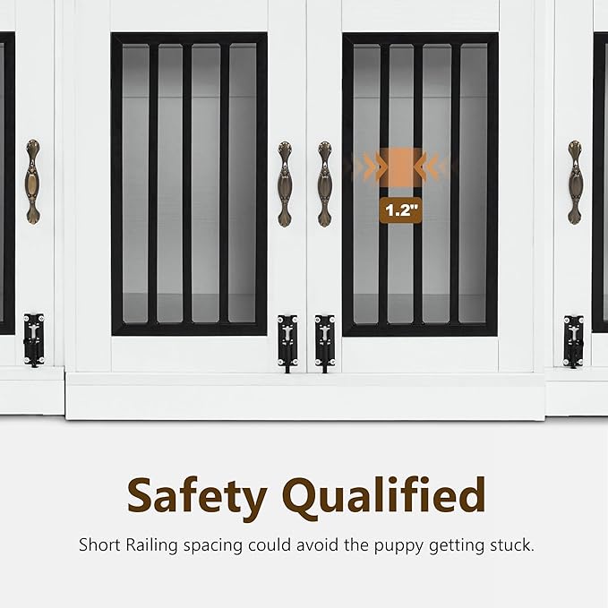 MCombo Wooden Dog Crate Furniture with 4 Drawers and 4 Lockable Doors, Pet Kennel TV Stand for Medium/Large Dogs 1872 (White and Brown)