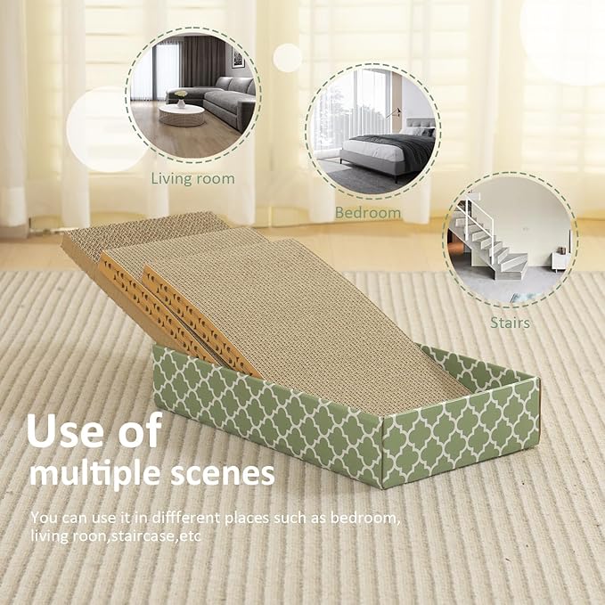 MECOOL Cat Scratching Board，3PC Scratch Pad with Box，Reversible Corrugated Scratcher Cardboard and Lounge Bed for Indoor Cats, Catnip