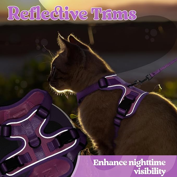 rabbitgoo Cat Harness and Leash Set, Escape Proof Soft Adjustable Vest Harnesses for Outdoor Walking, Easy Control Breathable Kitten Jacket with Reflective Strips, Pink & Purple, S
